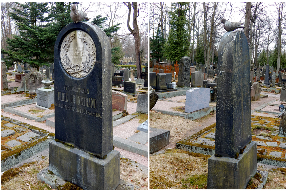 Hietaniemi Cemetery, Helsinki - grave stone with pre-fab pigeon