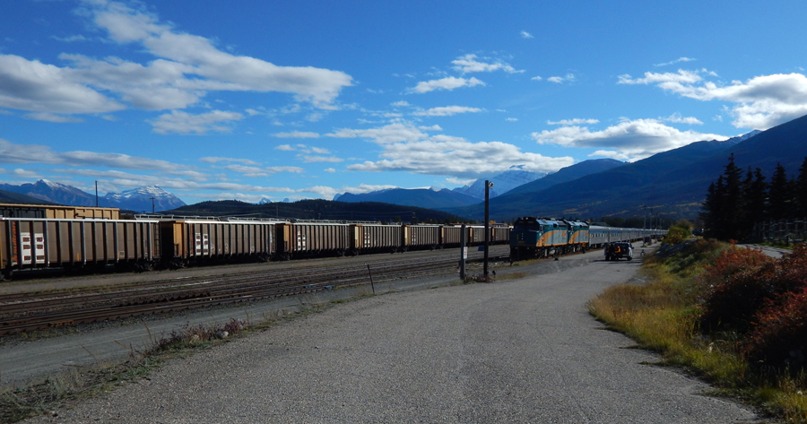 Jasper, Alberta - VIA Rail and freight trains at railway station