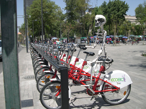 Mexico D.F., Ecobici stand at SouthWest corner of the Alameda