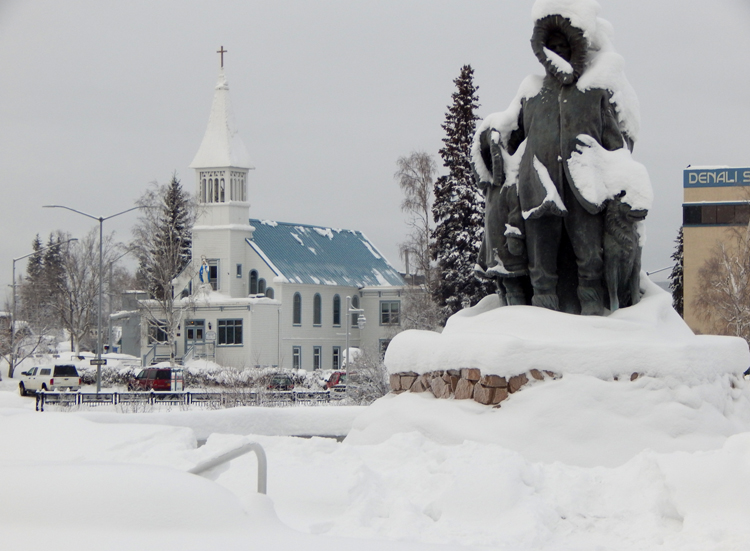 city scene, church, statue, Fairbanks, Alaska