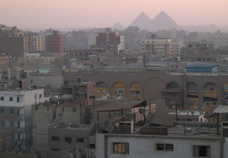 Cairo - view of Giza Necropolis (pyramids) from hotel roof