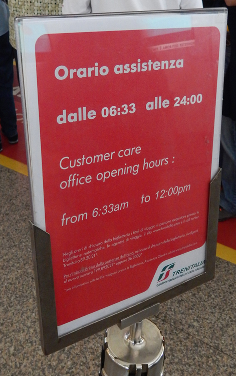 Trenitalia office opening hours sign