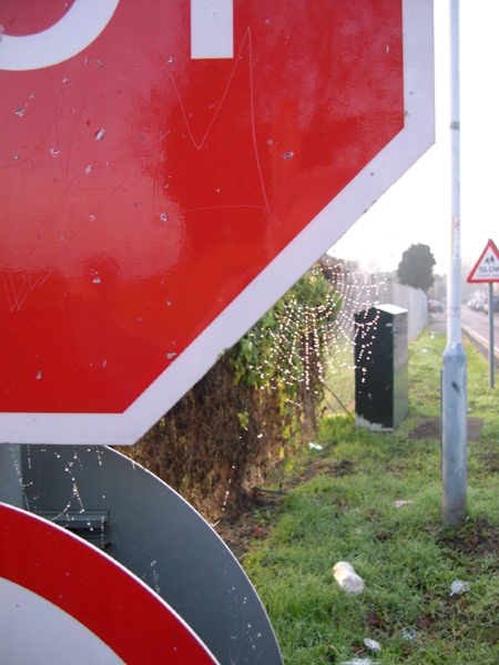 spider web on stop sign near Heathrow airport