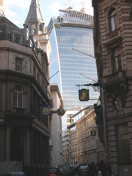 London street scene, Georgian (?) buildings with high-rise in background