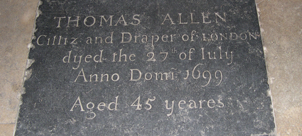 memorial stone, central aisle, St Mary Abchurch, London