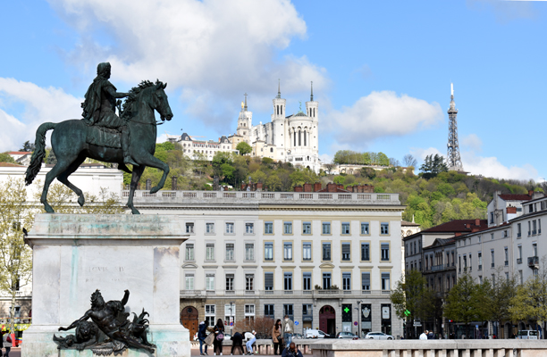 view of Basilica and Tower from Place Bellecour, Lyon