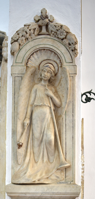 Thanatos angel with trumpet, Neri tomb, Cimitero, Siena