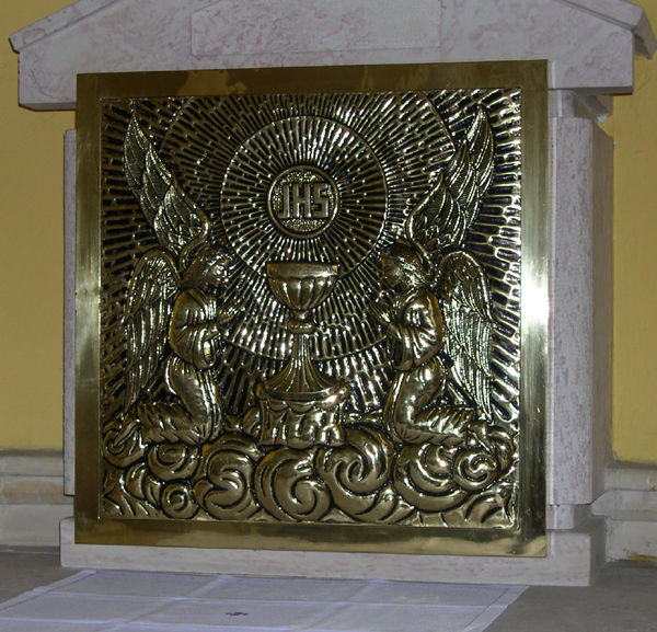 Cajica Iglesia Immaculada Concepcion - silver altar piece inscribed JHS