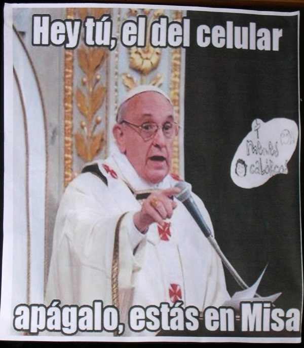 Cusco - Pope Francis telling people to turn off cell phones at Mass