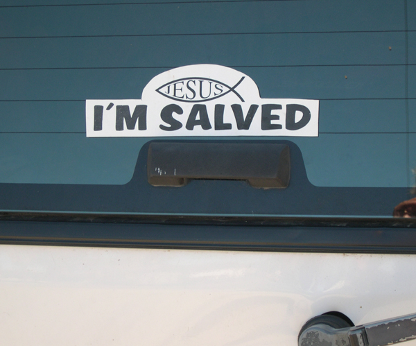 Salved sticker, SUV parked in Ensenada