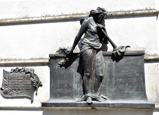 Buenos Aires - Recoleta - female 'Thanatos' figure on homenaje plaque